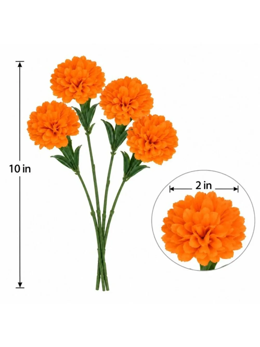 Pumpkin Orange Mini Pom Pom Mums, 4 Stem Artificial Faux Flower Bunch, Fall